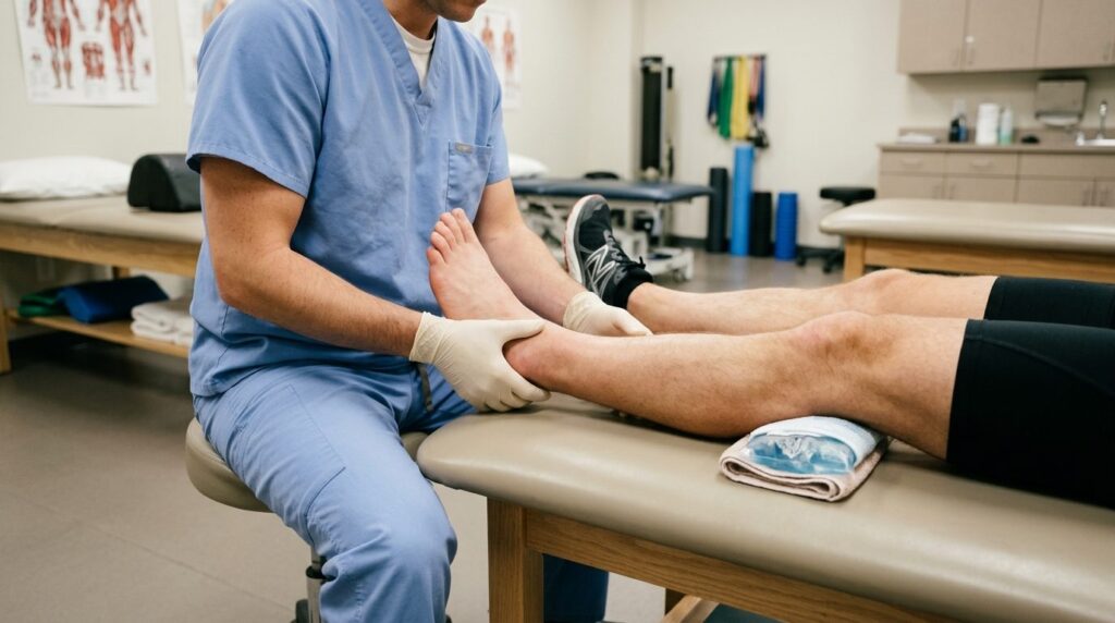 Realistic overhead shot of runners legs during rehabilitati