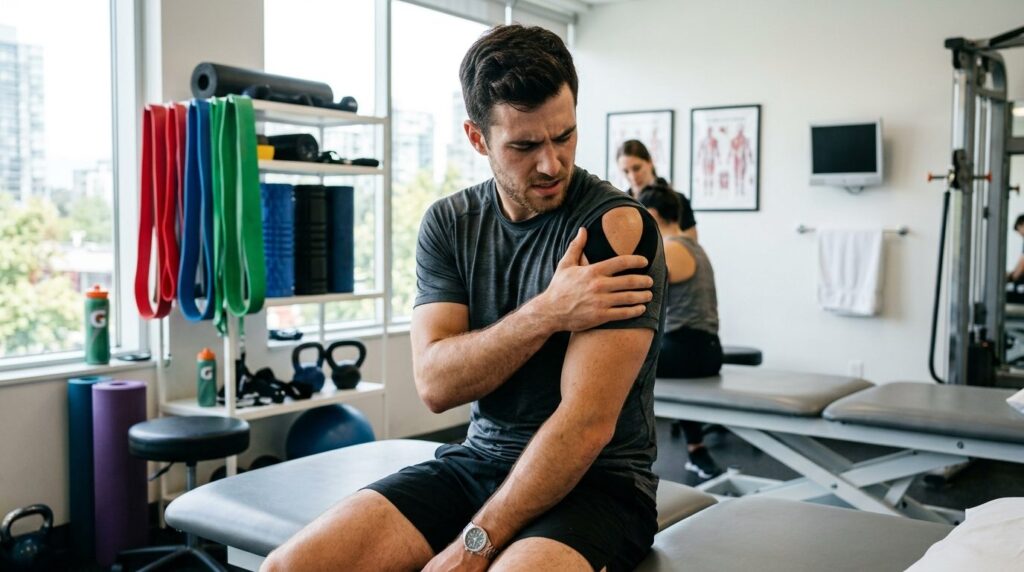 Photorealistic sports medicine image: Athletic male examinin