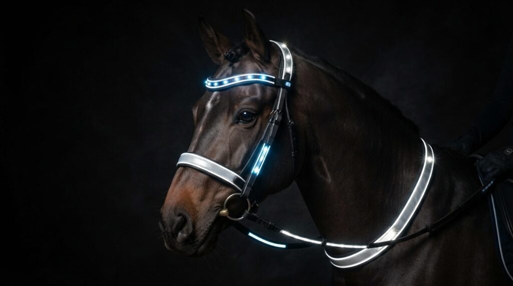 Close-up product shot of a horse wearing reflective bridle w