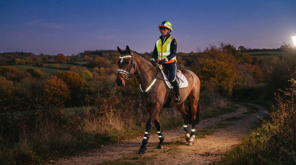 Wide shot of equestrian rider and horse on evening ride wear