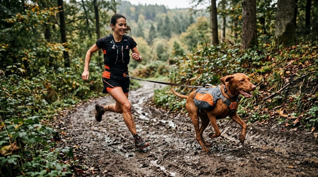 Løber træner med atletisk hund iført sports-t-shirt
