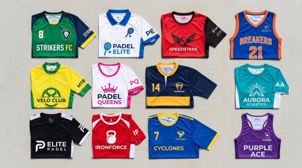 Flat lay of multiple custom team sports uniforms and padel w
