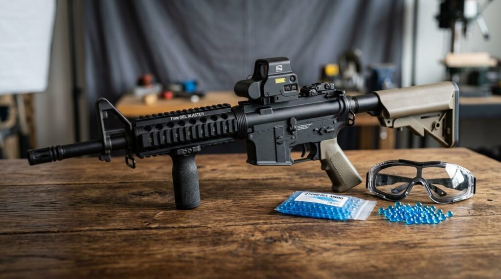 Close-up detailed product photography of a gel blaster gun o