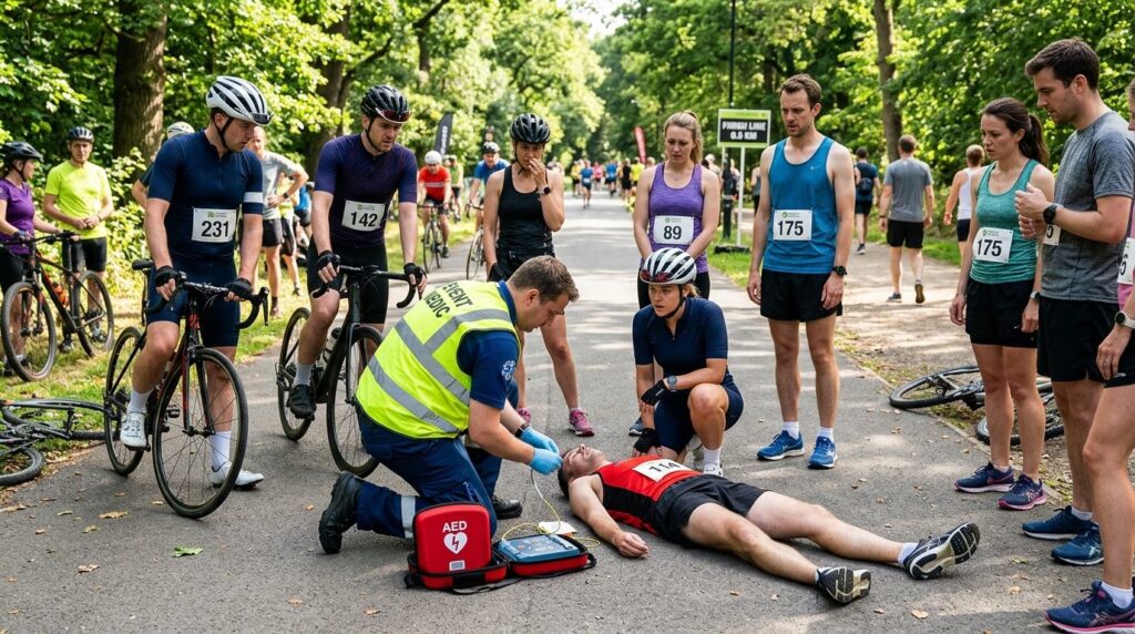 En gruppe cykelryttere og løbere står samlet på en vej.