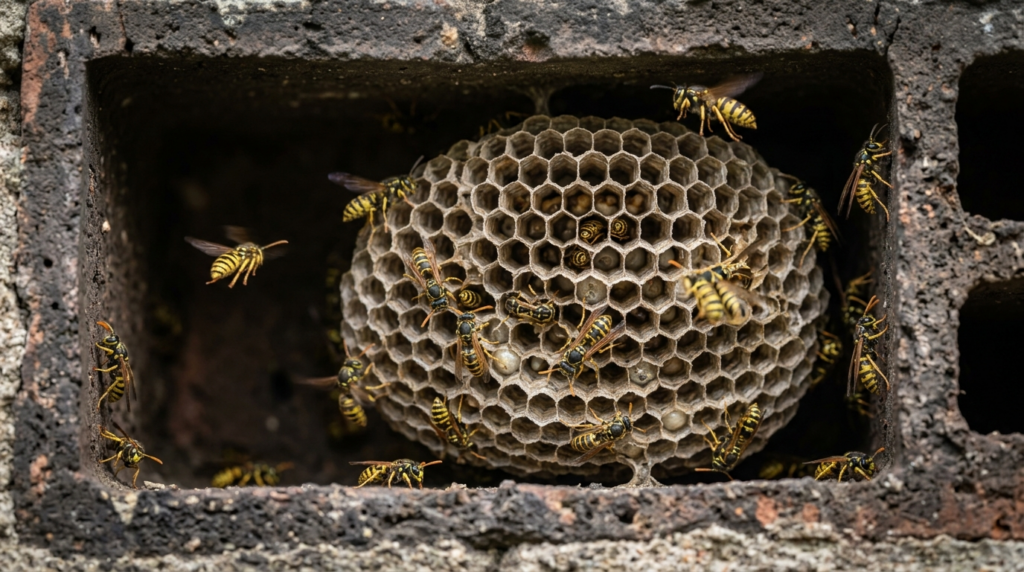 Close-up macro photography of an active wasp nest built insi