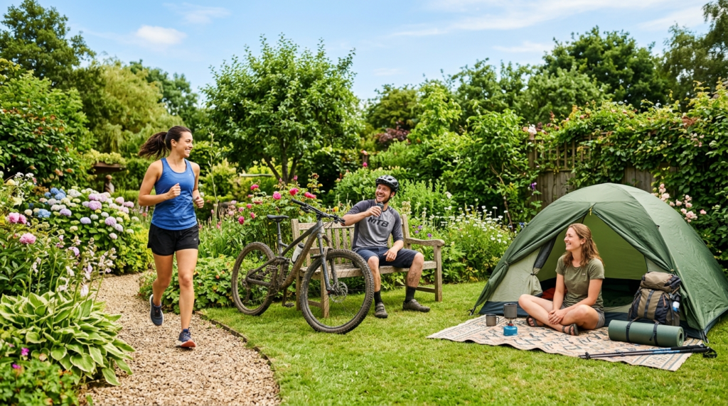 Active outdoor enthusiasts enjoying summer activities in a b