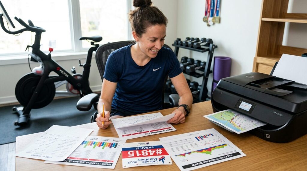 Active lifestyle scene of an athlete at a home desk reviewin
