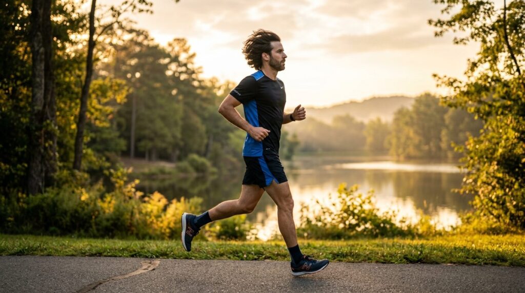 Athletic man in his 30s jogging outdoors at sunrise, confide