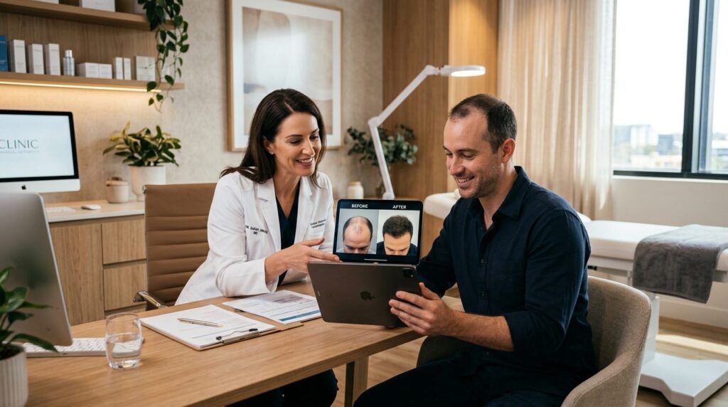Modern medical aesthetic clinic consultation room, male pati