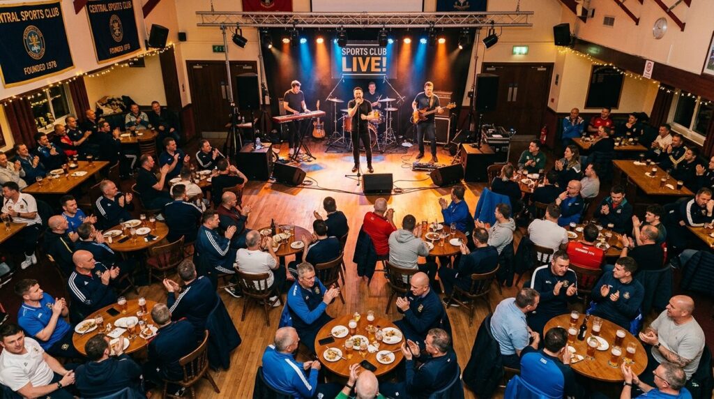 Overhead view of sports club members seated around tables du