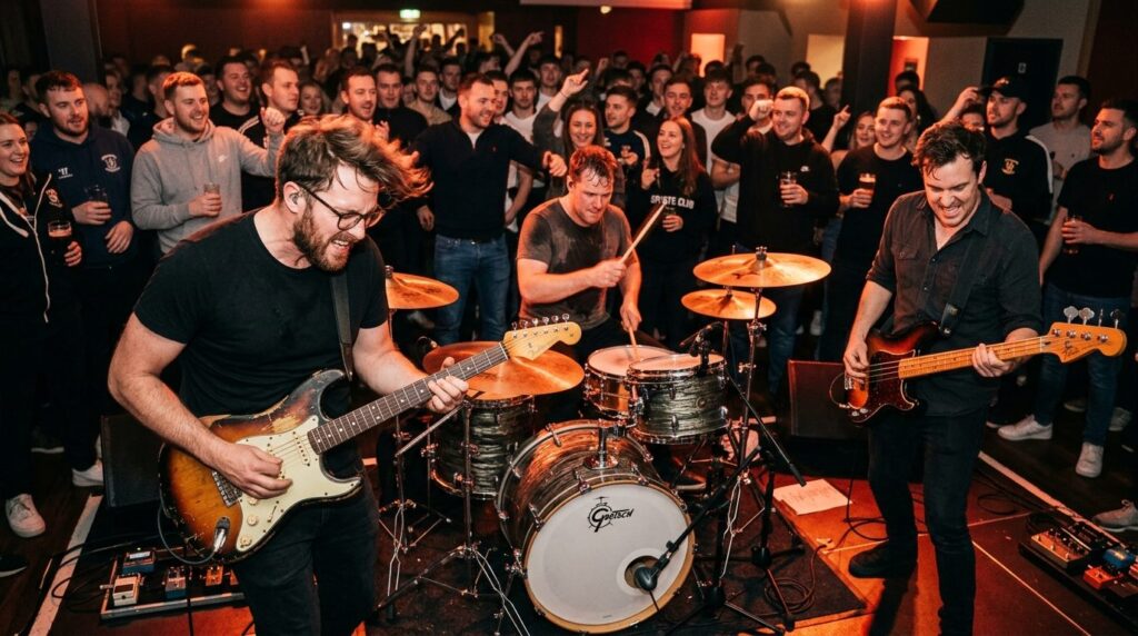 Close-up action shot of live musicians performing at a sport