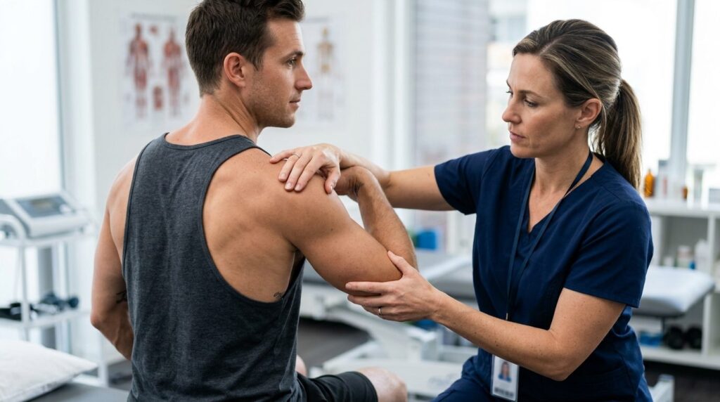 Close-up stock photo of a physiotherapist or sports medicine