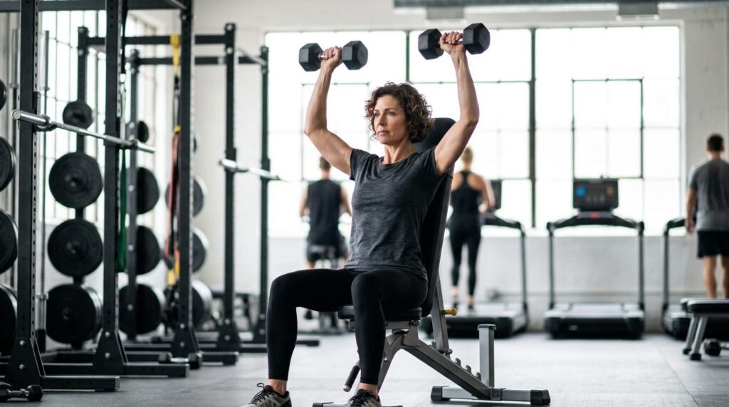 Active adult in gym performing strength training with dumbbe