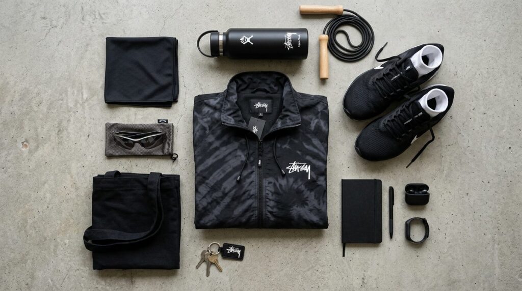 Flatlay overhead composition of a black Stussy Beach Shell W